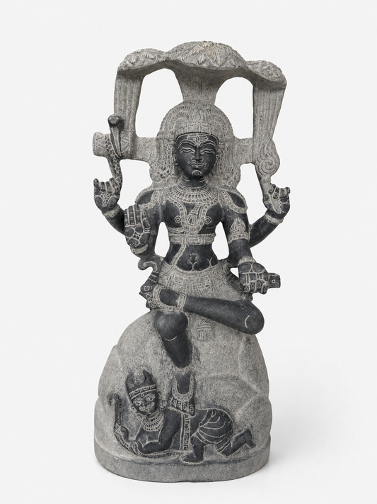 Hand-carved 2 ft Dakshinamurthy statue in natural stone, product view 1 highlighting the seated teaching form and carved details.