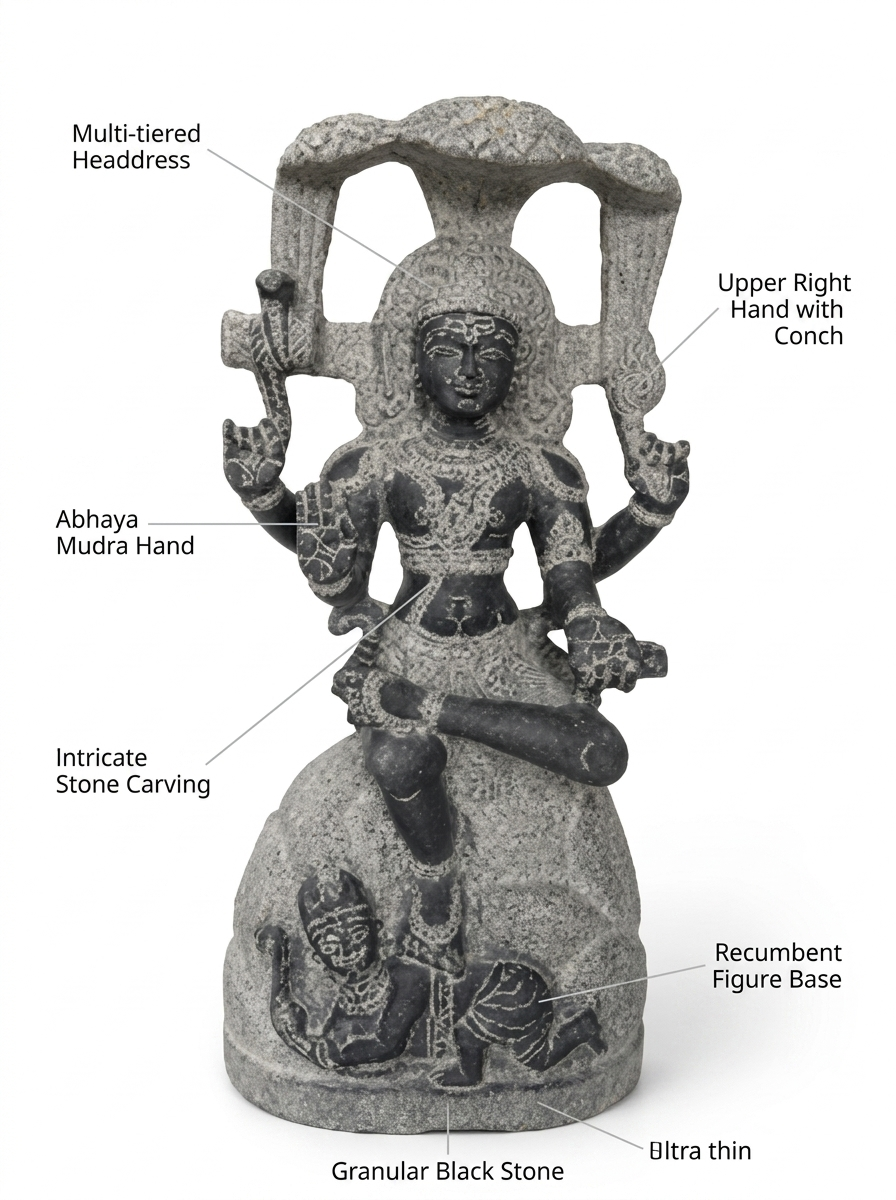Hand-carved 2 ft Dakshinamurthy statue in natural stone, product view 2 highlighting the seated teaching form and carved details.