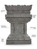 Hand-carved 2 ft Lotus Crown Ornamental Stone Pedestal in natural Charnockite stone, product view 2 showing the sculpture and carved details.