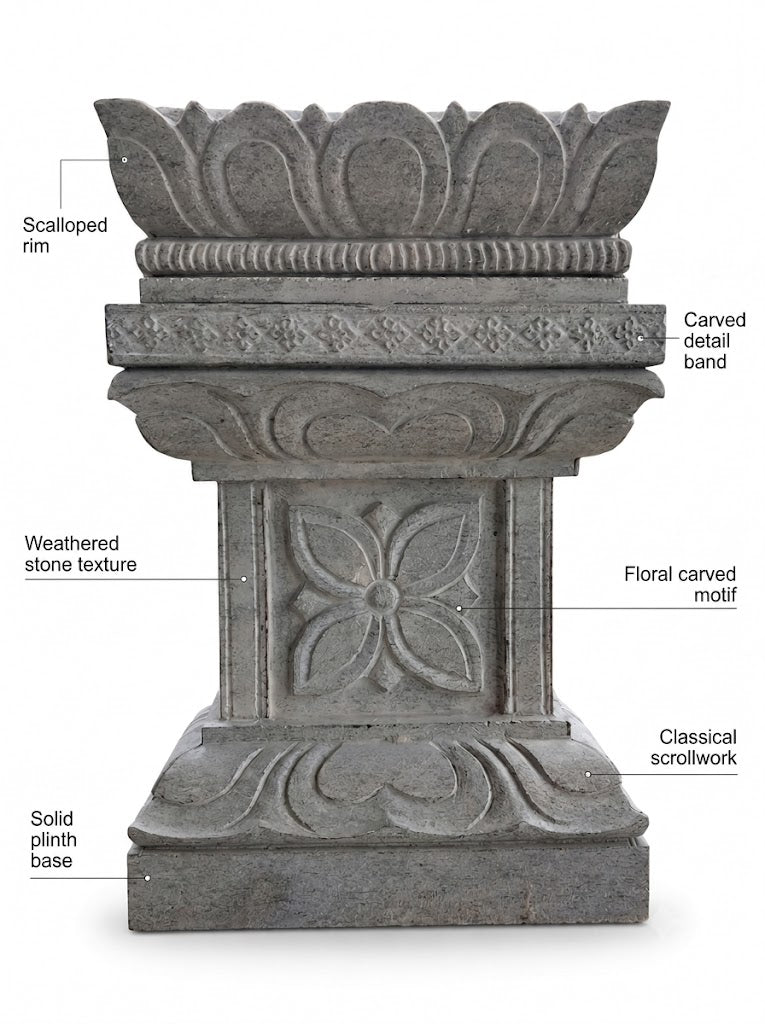 Hand-carved 2 ft Lotus Crown Ornamental Stone Pedestal in natural Charnockite stone, product view 2 showing the sculpture and carved details.