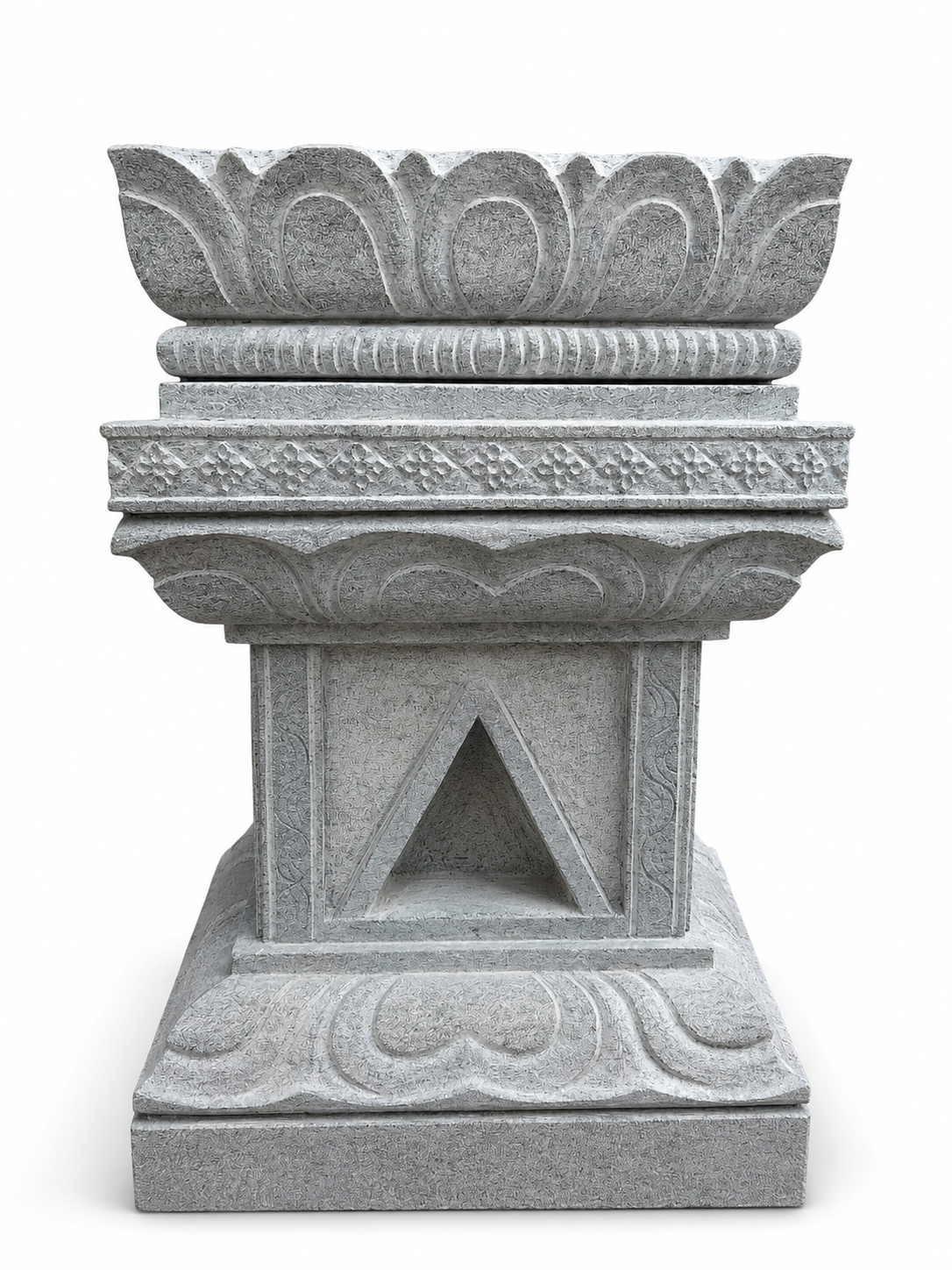Hand-carved 2 ft Lotus Crown Ornamental Stone Pedestal in natural Charnockite stone, product view 3 showing the sculpture and carved details.