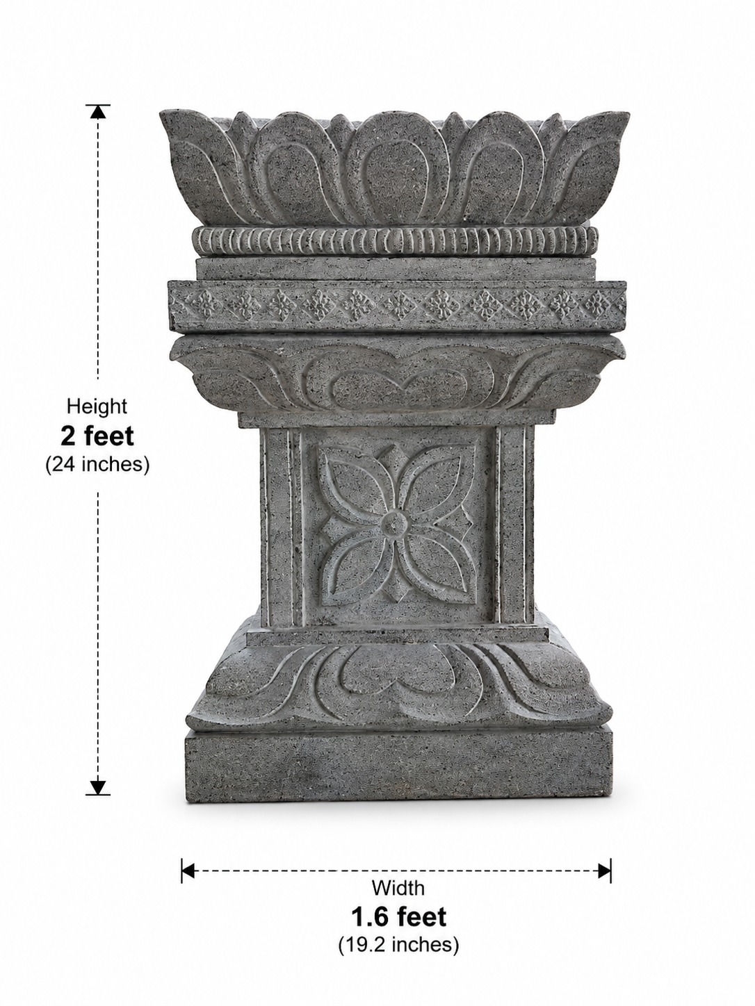 Hand-carved 2 ft Lotus Crown Ornamental Stone Pedestal in natural Charnockite stone, product view 4 showing the sculpture and carved details.