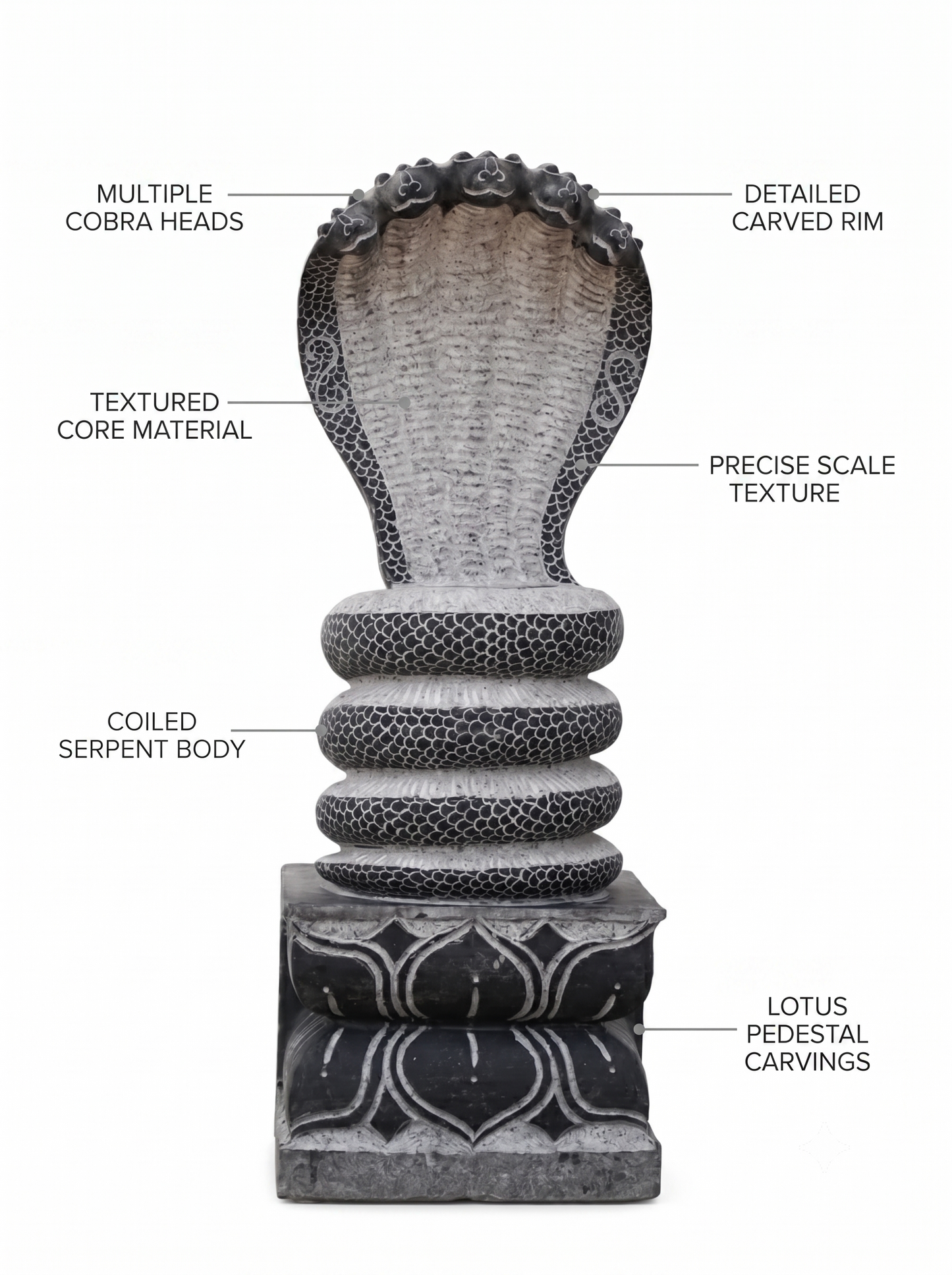 Hand-carved 2 ft Naga statue in natural stone, product view 2 highlighting the sculpture and carved details.