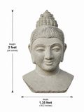 Dimension guide for a hand-carved 2 ft serene Buddha bust in polished black stone on a white background.