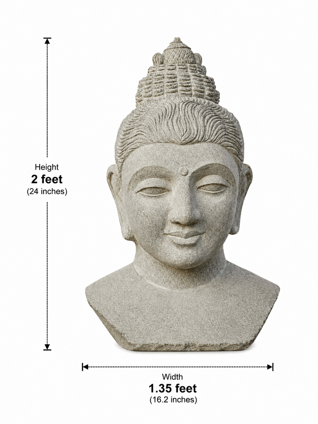 Dimension guide for a hand-carved 2 ft serene Buddha bust in polished black stone on a white background.