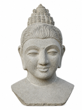 Hand-carved 2 ft serene Buddha bust in natural stone, product view 1 highlighting the facial expression and carved details.