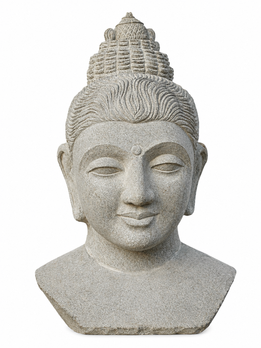 Hand-carved 2 ft serene Buddha bust in natural stone, product view 1 highlighting the facial expression and carved details.