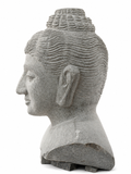 Hand-carved 2 ft serene Buddha bust in natural stone, product view 3 highlighting the facial expression and carved details.