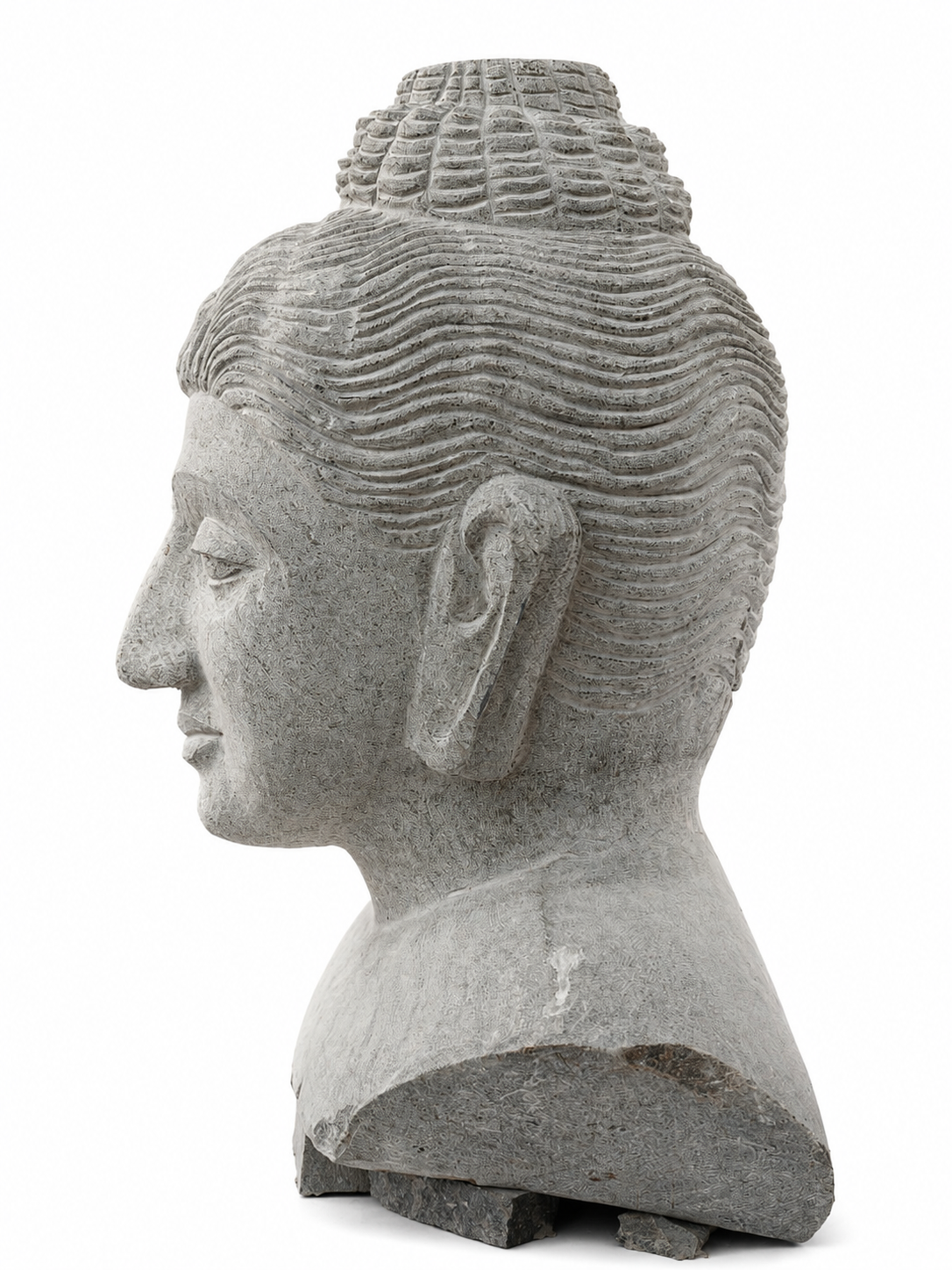 Hand-carved 2 ft serene Buddha bust in natural stone, product view 3 highlighting the facial expression and carved details.