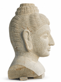 Hand-carved 2 ft serene Buddha bust in natural stone, product view 4 highlighting the facial expression and carved details.