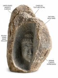 Hand-carved 2 ft Serene Buddha Face Natural Boulder Sculpture in natural Charnockite stone, product view 2 showing the sculpture and carved details.