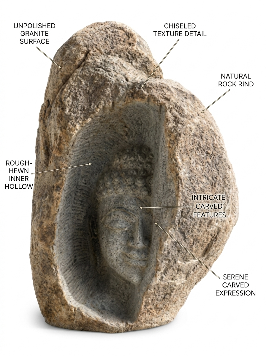 Hand-carved 2 ft Serene Buddha Face Natural Boulder Sculpture in natural Charnockite stone, product view 2 showing the sculpture and carved details.