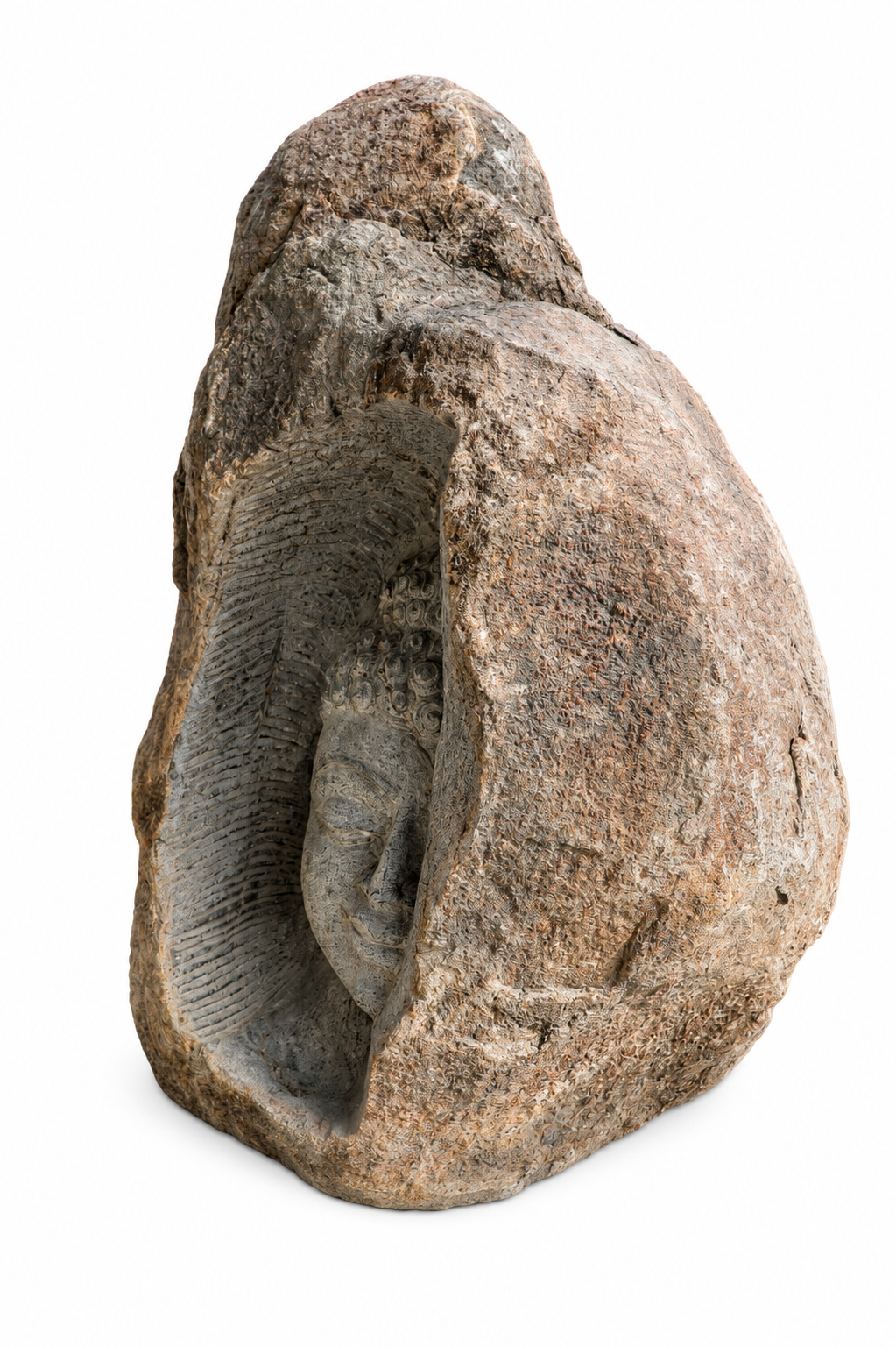 Hand-carved 2 ft Serene Buddha Face Natural Boulder Sculpture in natural Charnockite stone, product view 3 showing the sculpture and carved details.