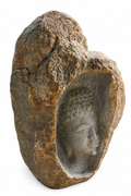 Hand-carved 2 ft Serene Buddha Face Natural Boulder Sculpture in natural Charnockite stone, product view 4 showing the sculpture and carved details.