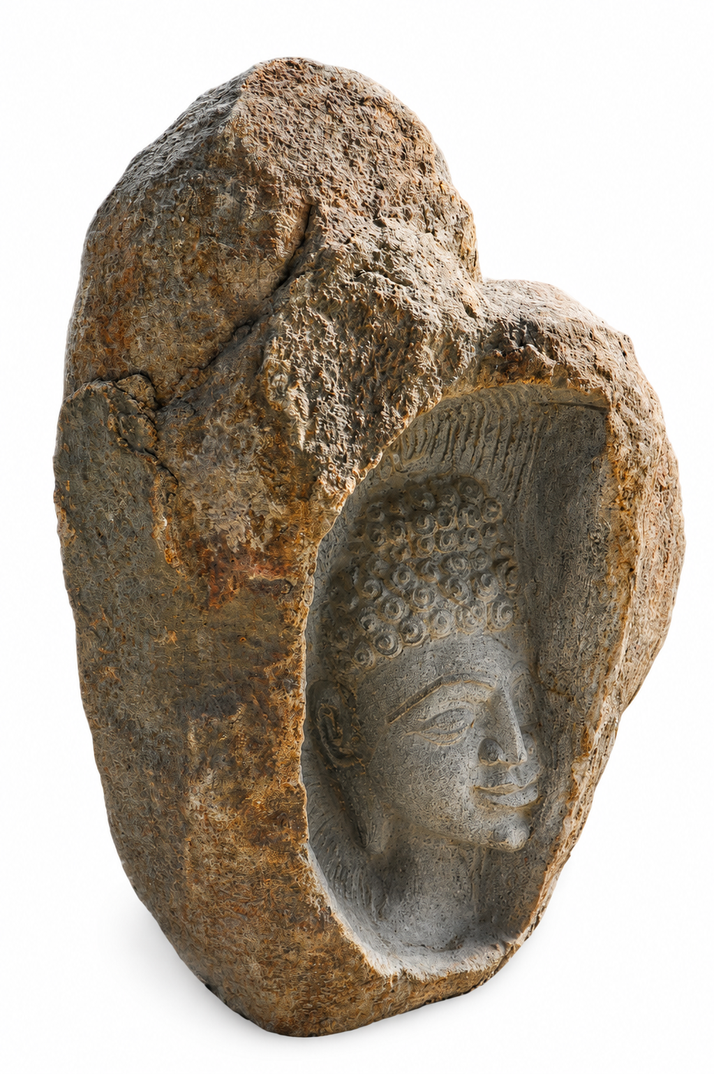 Hand-carved 2 ft Serene Buddha Face Natural Boulder Sculpture in natural Charnockite stone, product view 4 showing the sculpture and carved details.