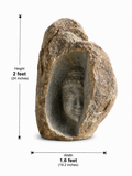Hand-carved 2 ft Serene Buddha Face Natural Boulder Sculpture in natural Charnockite stone, product view 5 showing the sculpture and carved details.
