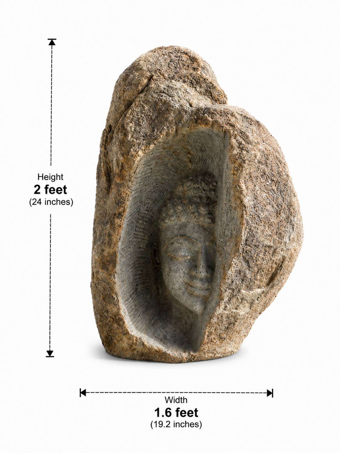 Hand-carved 2 ft Serene Buddha Face Natural Boulder Sculpture in natural Charnockite stone, product view 5 showing the sculpture and carved details.