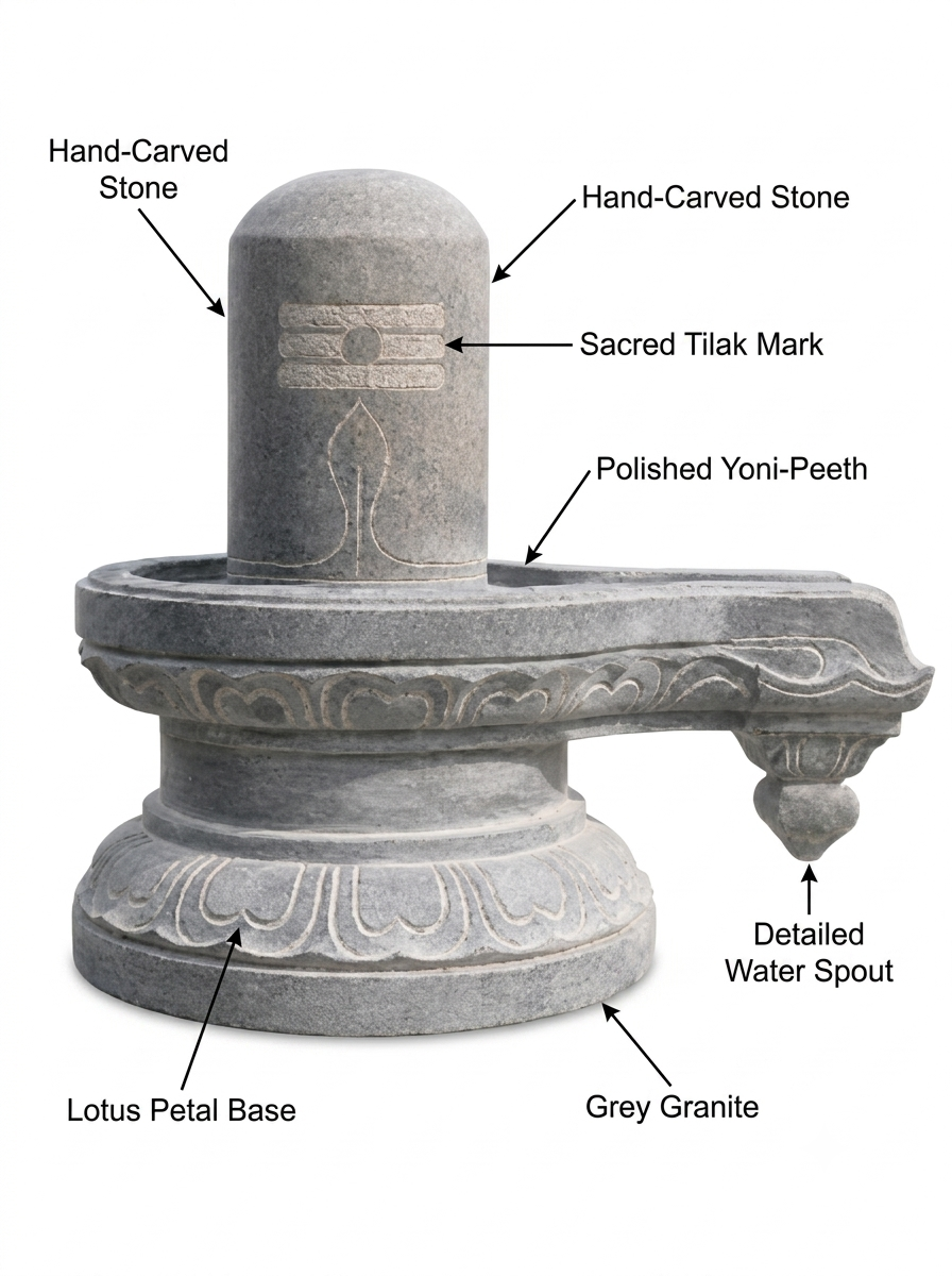 Hand-carved 2 ft Shiva Lingam with Carved Lotus Pedestal in natural Charnockite stone, product view 2 showing the sculpture and carved details.
