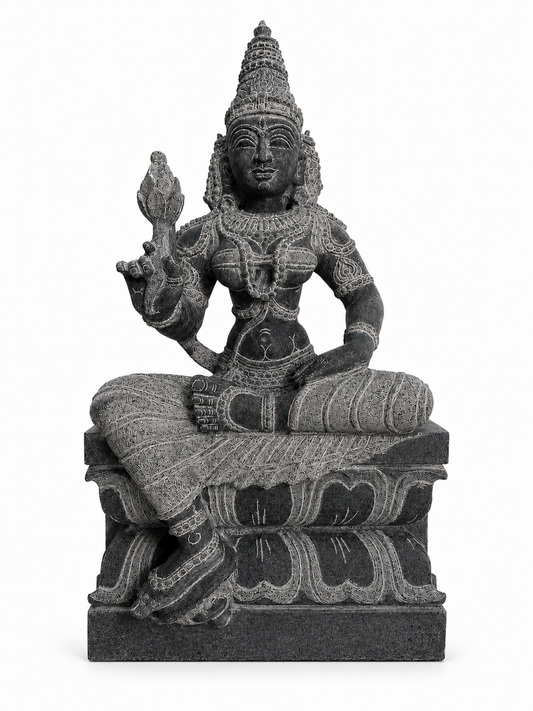 Hand-carved 2 ft Valli Ammai Devi statue in natural stone, product view 1 highlighting the sculpture and carved details.