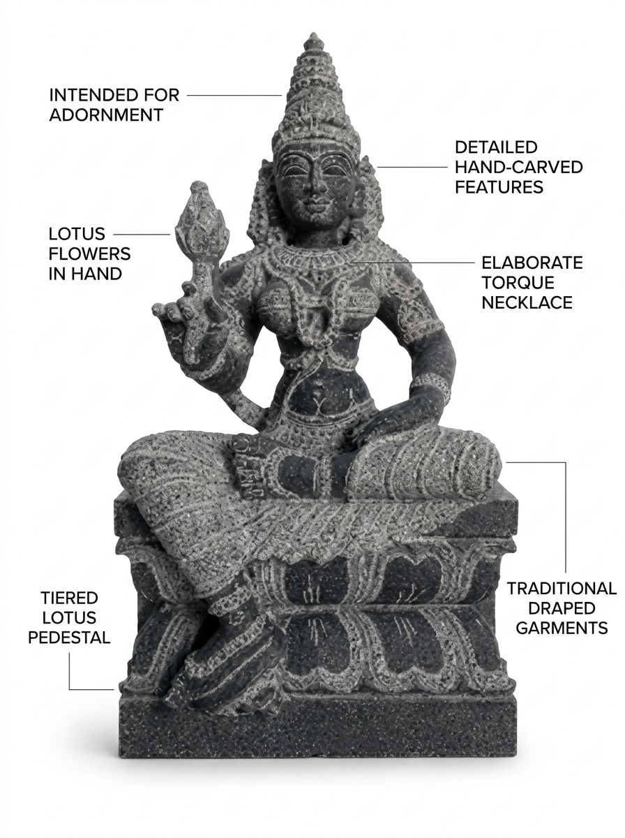 Hand-carved 2 ft Valli Ammai Devi statue in natural stone, product view 2 highlighting the sculpture and carved details.