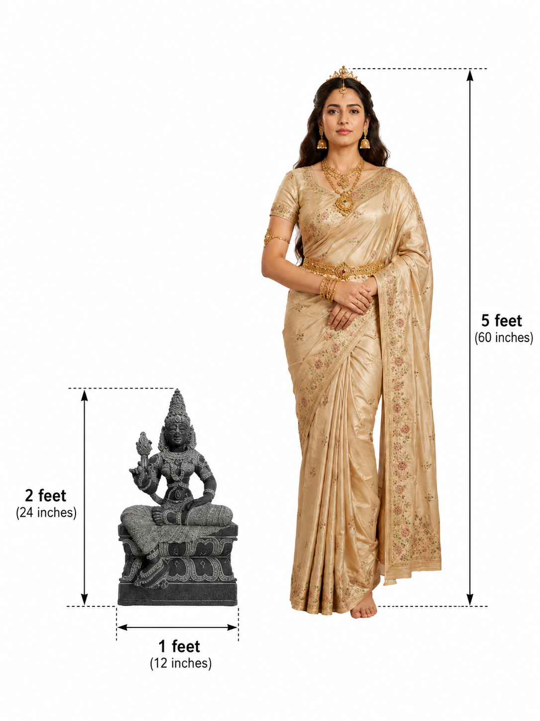 Hand-carved 2 ft Valli Ammai Devi statue in polished black stone shown beside an adult model for scale with measurements.