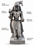 Hand-carved 3.25 ft Meenakshi Amman statue in natural stone, product view 2 highlighting the sculpture and carved details.