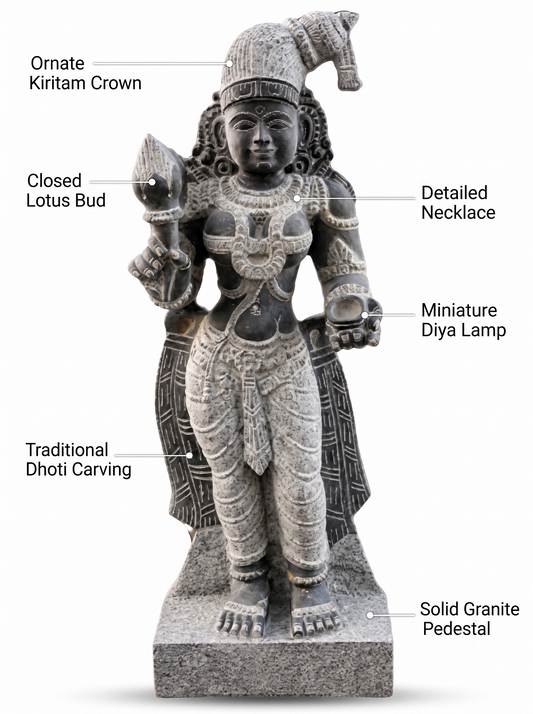 Hand-carved 3.25 ft Meenakshi Amman statue in natural stone, product view 2 highlighting the sculpture and carved details.