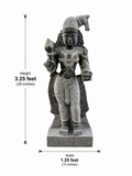 Dimension guide for a hand-carved 3.25 ft Meenakshi Amman statue in polished Charnockite black stone on a white background.