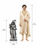 Hand-carved 3.25 ft Meenakshi Amman statue in polished Charnockite black stone shown beside an adult model for scale with measurements.