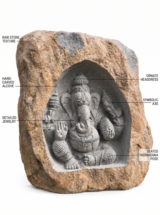 Hand-carved 3.3 ft Ganesha Boulder Sculpture in natural Charnockite stone, product view 2 showing the sculpture and carved details.
