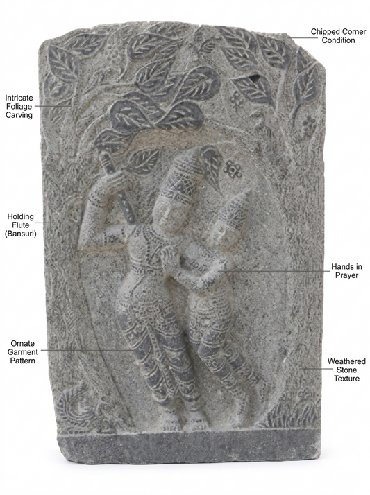 Hand-carved 3.3 ft Krishna Beneath the Sacred Tree Relief in natural Charnockite stone, product view 2 showing the sculpture and carved details.