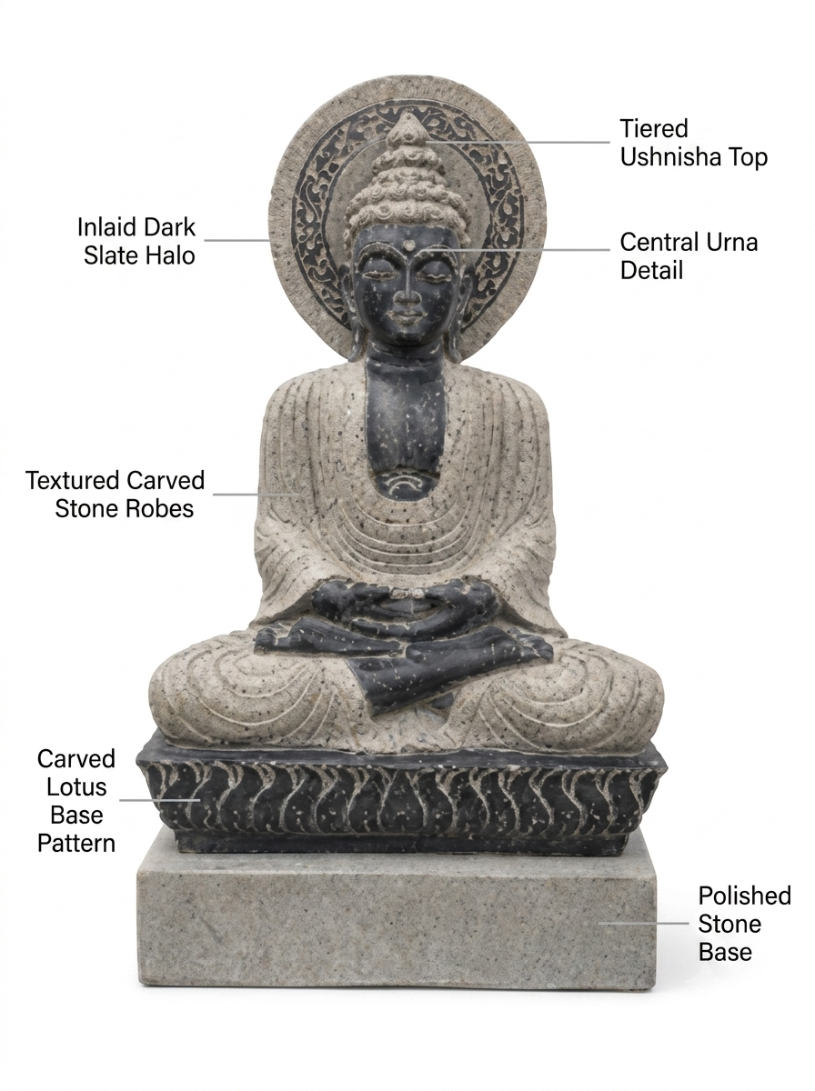 Hand-carved 3.5 ft Buddha statue in natural stone, product view 2 highlighting the meditative form and carved details.
