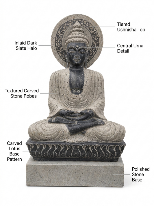 Hand-carved 3.5 ft Buddha statue in natural stone, product view 2 highlighting the meditative form and carved details.