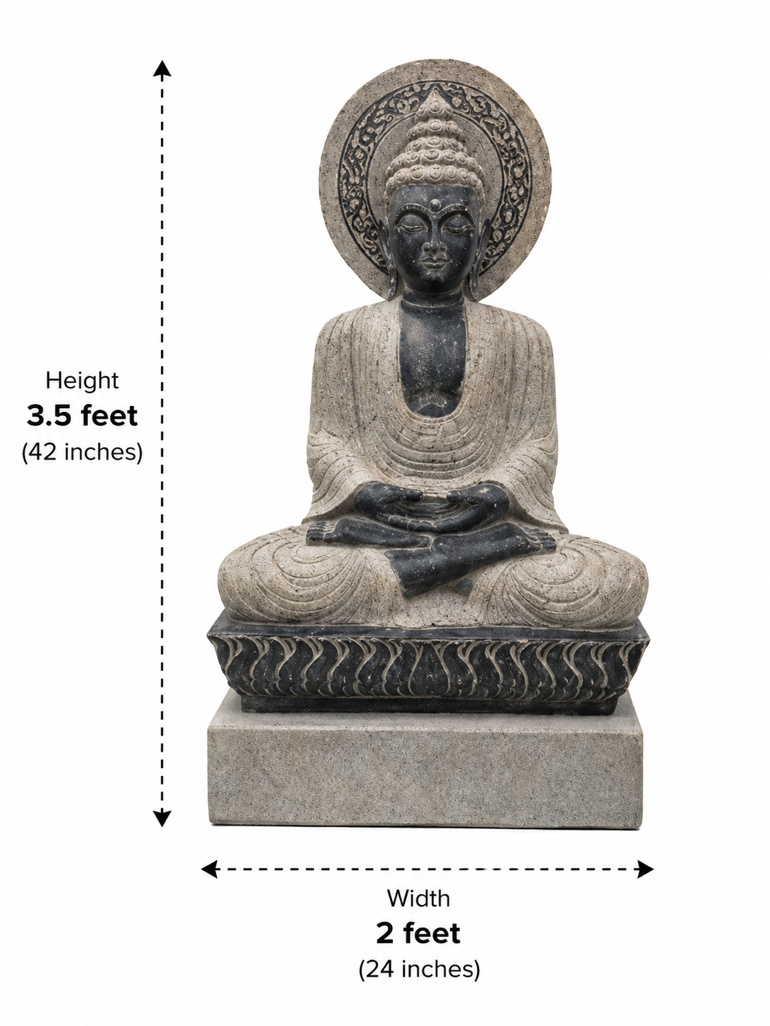 Hand-carved 3.5 ft Buddha statue in natural stone, product view 5 highlighting the meditative form and carved details.