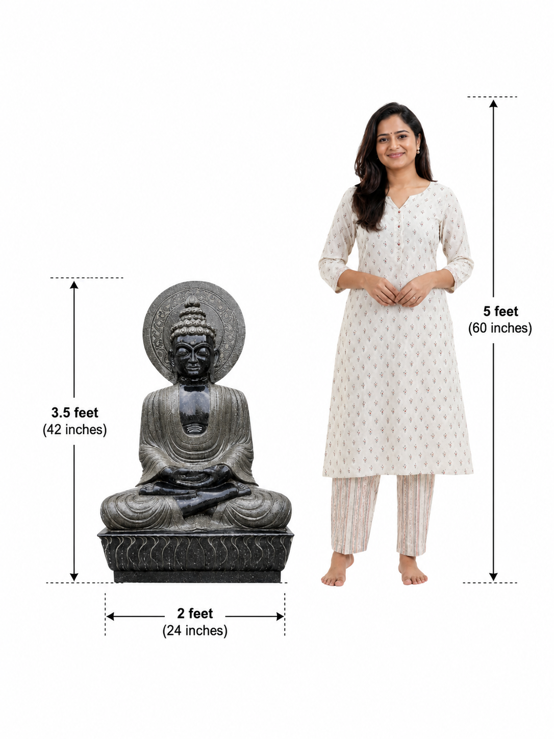 Hand-carved 3.5 ft Buddha statue in natural stone, product view 6 highlighting the meditative form and carved details.