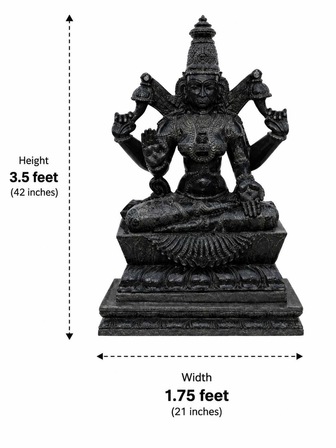 Hand-carved 3.5 ft Padmavathi Devi statue in natural stone, product view 3 highlighting the sculpture and carved details.