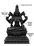 Dimension guide for a hand-carved 3.5 ft Padmavathi Devi statue in polished black stone on a white background.