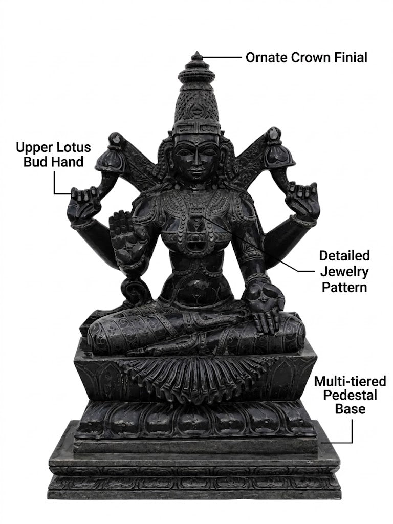 Dimension guide for a hand-carved 3.5 ft Padmavathi Devi statue in polished black stone on a white background.