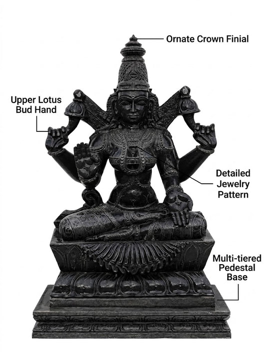Dimension guide for a hand-carved 3.5 ft Padmavathi Devi statue in polished black stone on a white background.