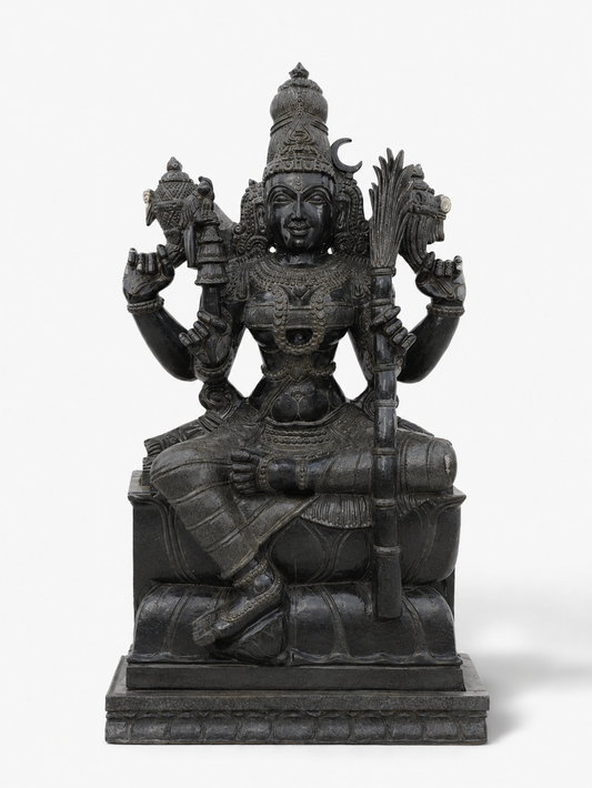 Hand-carved 3.5 ft Rajeshwari Amman statue in natural stone, product view 1 highlighting the sculpture and carved details.