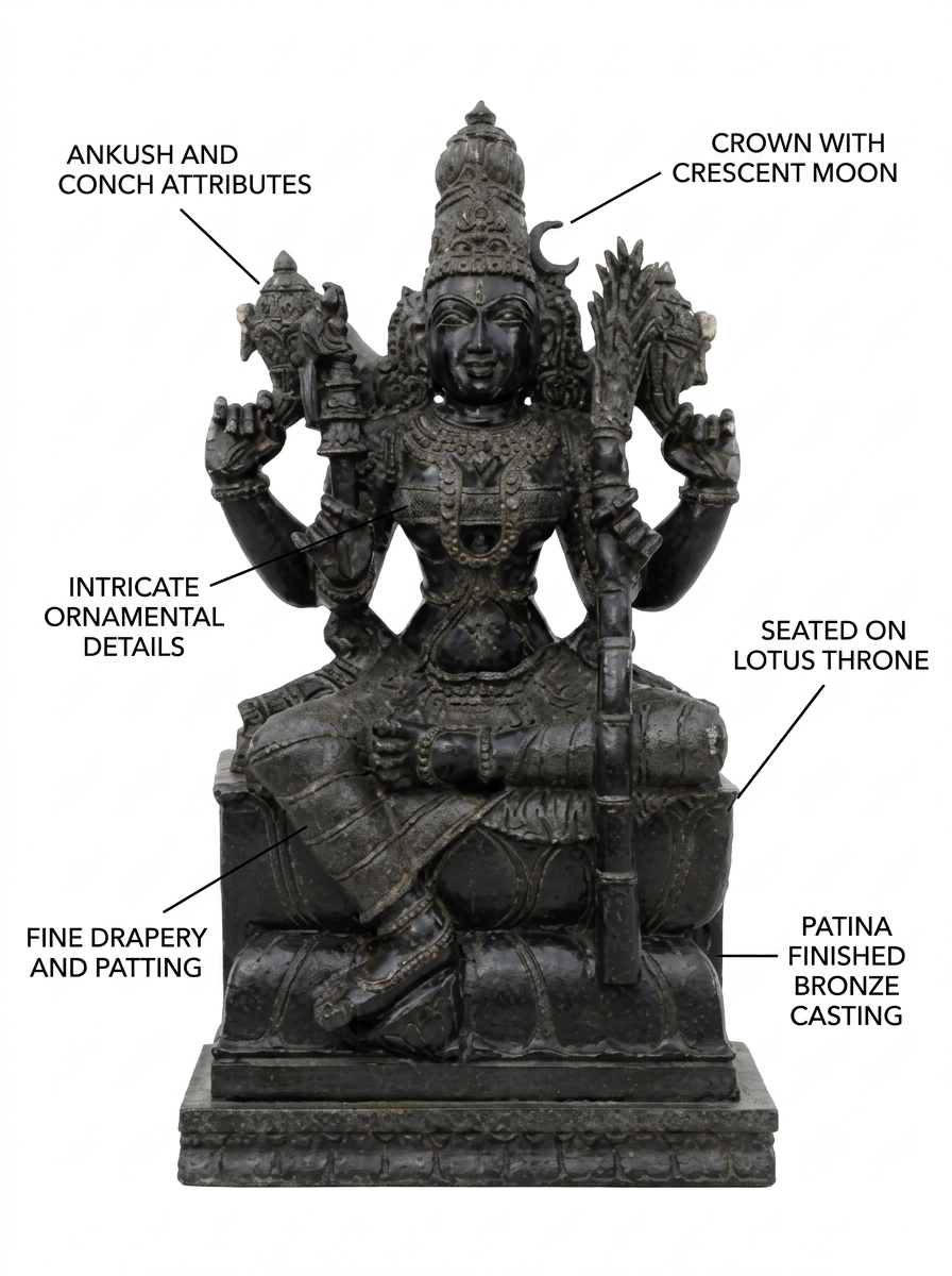 Hand-carved 3.5 ft Rajeshwari Amman statue in natural stone, product view 2 highlighting the sculpture and carved details.