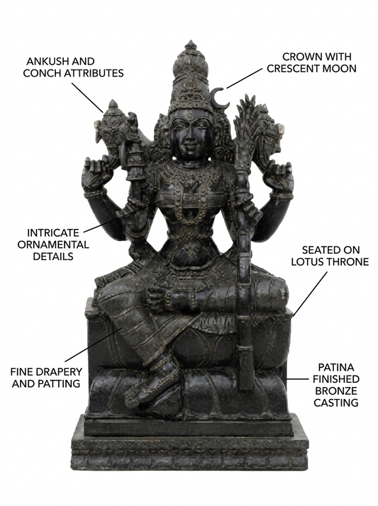 Hand-carved 3.5 ft Rajeshwari Amman statue in natural stone, product view 2 highlighting the sculpture and carved details.