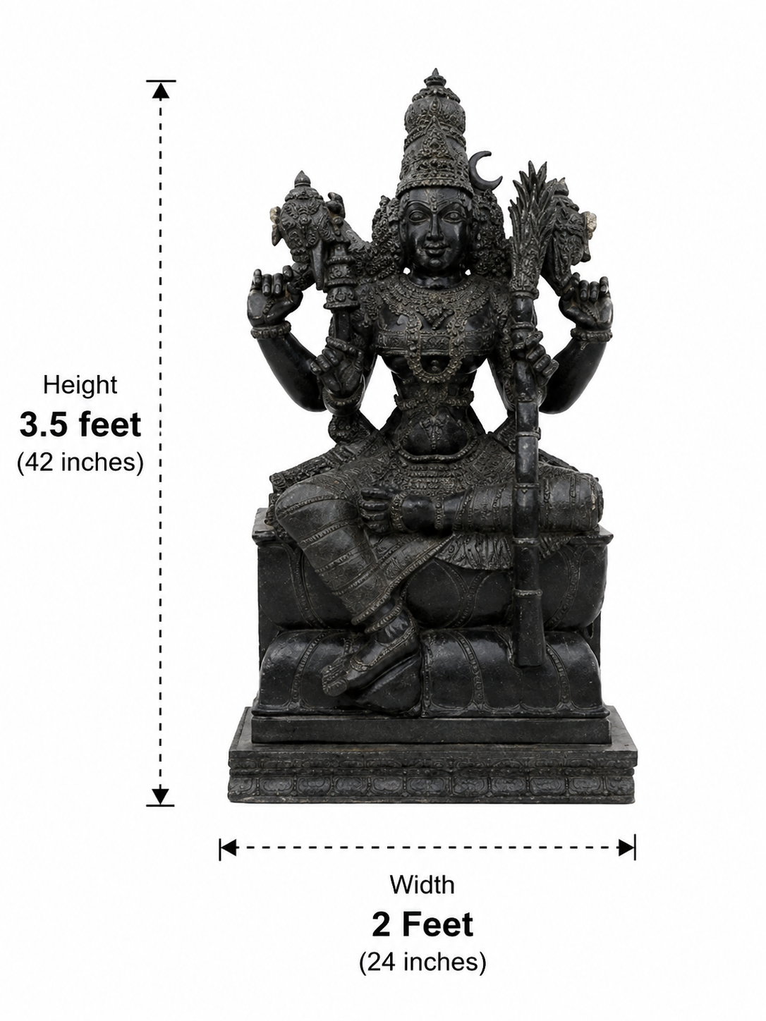 Hand-carved 3.5 ft Rajeshwari Amman statue in natural stone, product view 3 highlighting the sculpture and carved details.