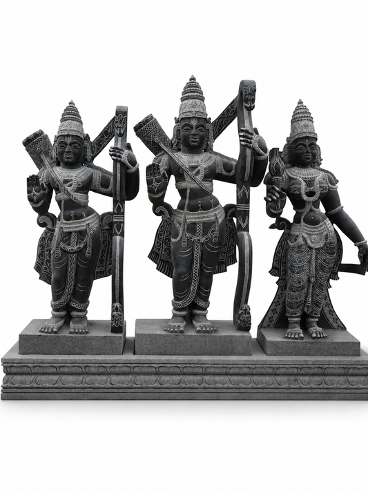 Hand-carved 3.5 ft Rama, Lakshmana and Sita statue set in natural stone, product view 1 showing the three figures and carved details.