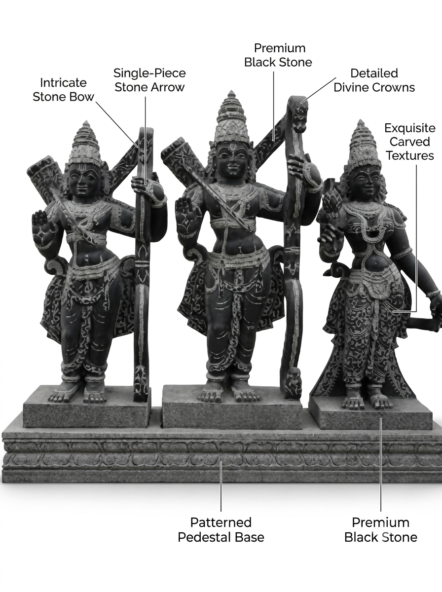 Hand-carved 3.5 ft Rama, Lakshmana and Sita statue set in natural stone, product view 2 showing the three figures and carved details.
