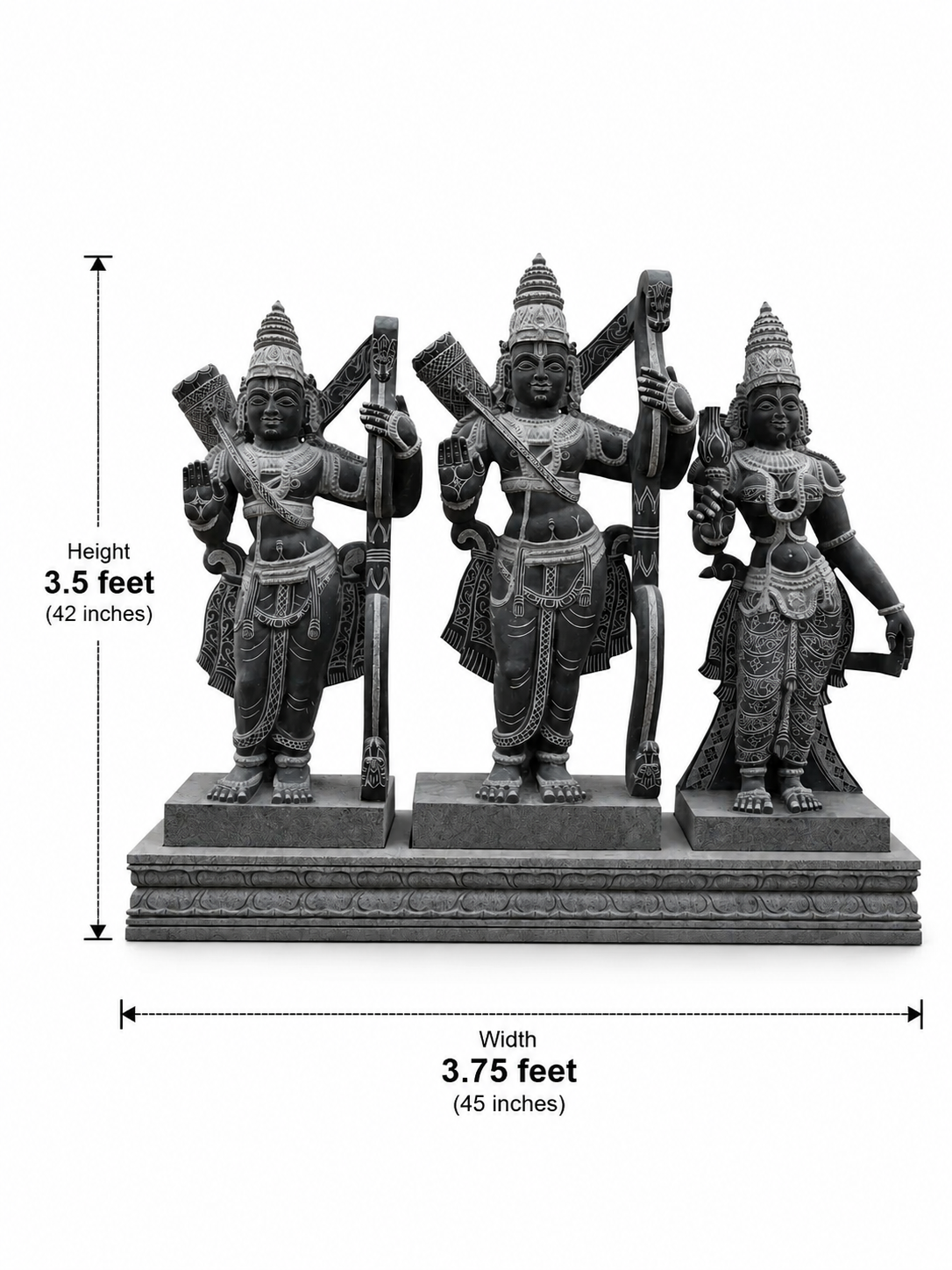 Hand-carved 3.5 ft Rama, Lakshmana and Sita statue set in natural stone, product view 3 showing the three figures and carved details.