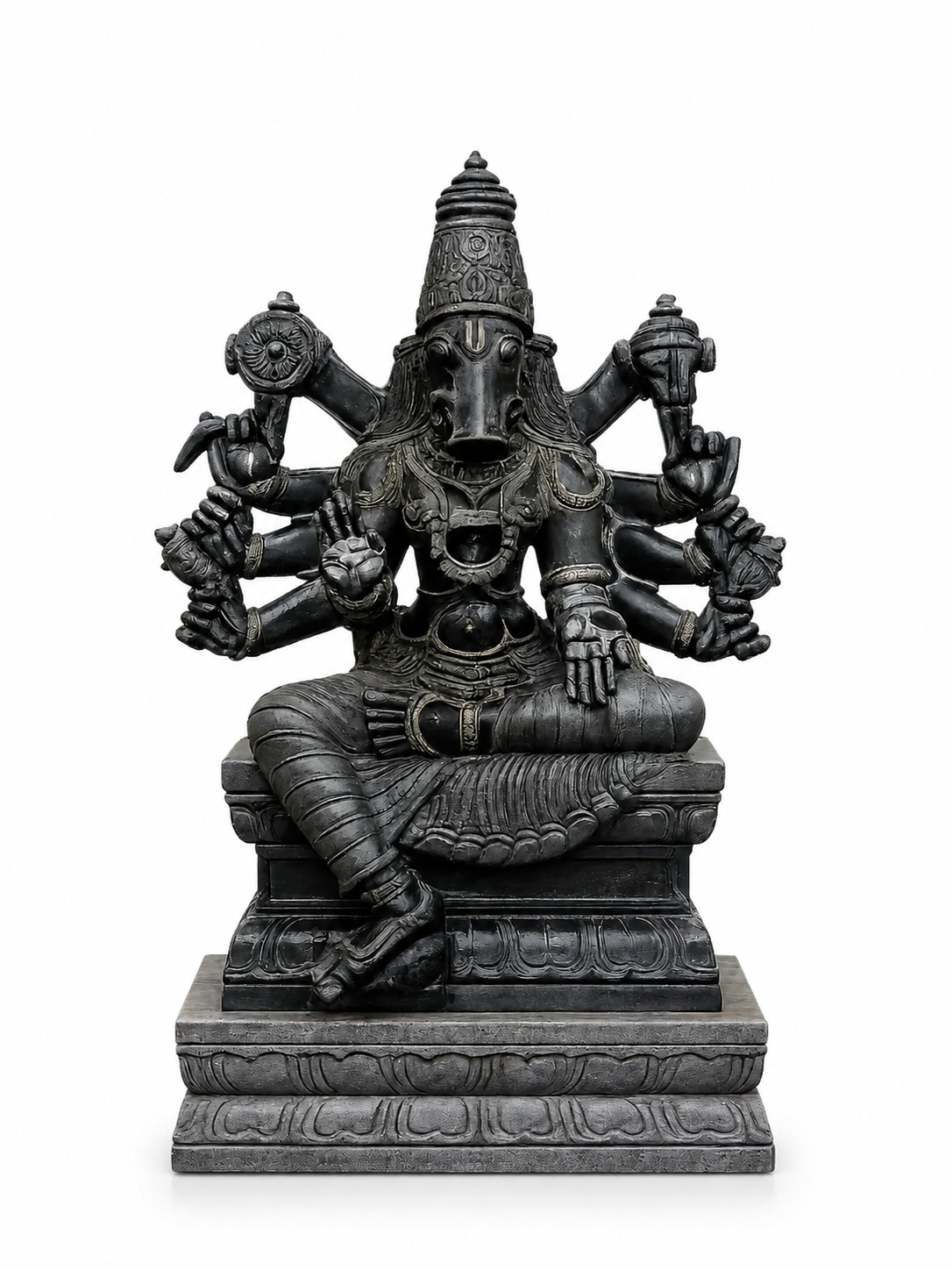 Hand-carved 3.5 ft Varahi Amman statue in natural stone, product view 1 highlighting the sculpture and carved details.