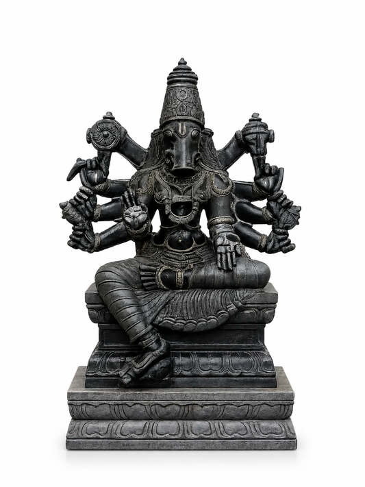 Hand-carved 3.5 ft Varahi Amman statue in natural stone, product view 1 highlighting the sculpture and carved details.