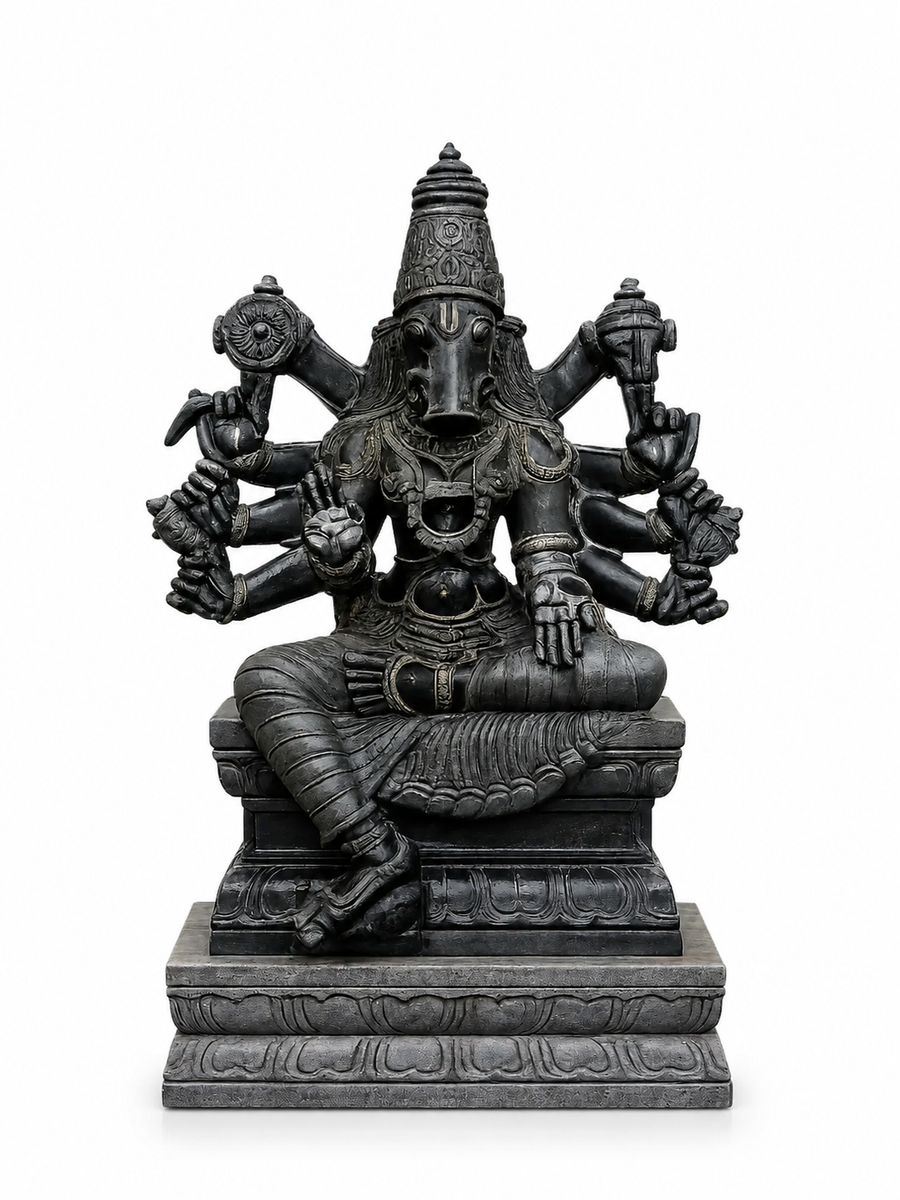 Hand-carved 3.5 ft Varahi Amman statue in natural stone, product view 1 highlighting the sculpture and carved details.