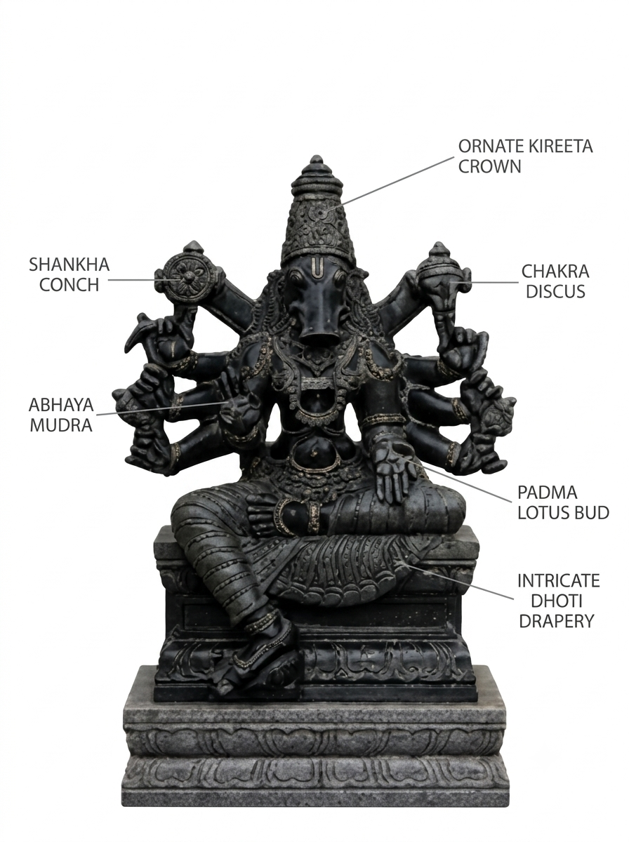 Hand-carved 3.5 ft Varahi Amman statue in natural stone, product view 2 highlighting the sculpture and carved details.